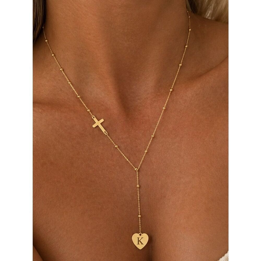 Cross and Initial Heart Lariat Necklace - Personalized K 18K golden plated R 579